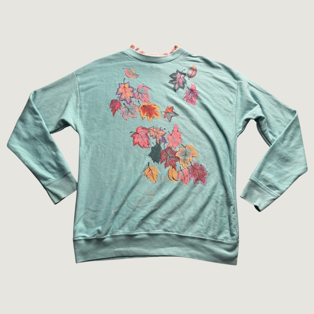 Blair Sweatshirt Large Vintage Fall Leaf Graphic Aqua Mock Neck Pullover 90s